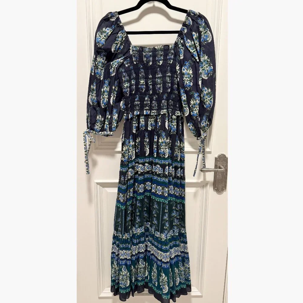 Cara Cara Jazzy Dress XS Paisley Emerald Blue Floral Puff Sleeve Midi - Picture 6 of 9